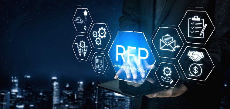 Businessman in Suit Holding Tablet with Floating Digital Icons Representing Request for Proposal, Technology, and Data Analysis Against City Background. Bitwise.