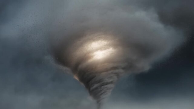 Intense spiraling tornado with powerful wind and dark clouds in dramatic motion