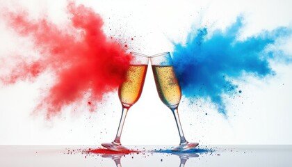 Obraz premium Two champagne glasses clink together amid explosions of red and blue powder. Bubbles rise in bubbly wine, signifying celebration and festive occasions. This is perfect for events and parties.