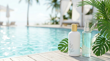 Fototapeta premium Luxury skincare serum for radiant complexion at summer wellness resort spa