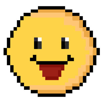 retro 8-bit pixel art emoji smile with a laughing red mouth