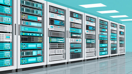 Obraz premium Server racks filled with computer equipment illustration in flat vector style, data center and digital infrastructure graphic concept, with copy space