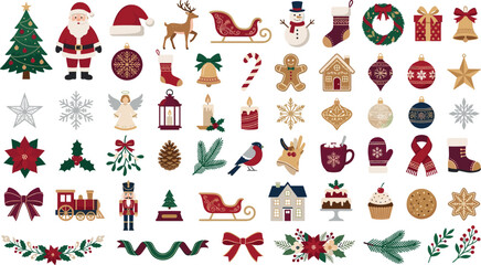 Naklejka premium Christmas Holiday Element Collection Set with Santa Claus Ornaments Gifts Wreaths Snowflakes and Festive Winter Decoration Icons