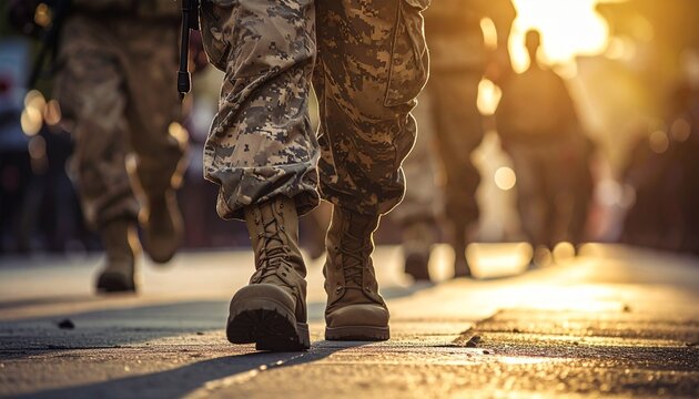 Soldiers Marching in Formation During Golden Hour Sunlight.