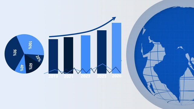 Neon business infographic with globe and charts animation, Neon-themed business infographic with pie chart, bar chart (2019-2026) and stylized magenta globe