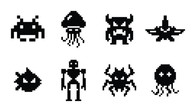 Retro Pixel Art Icons: Alien, Robot, Monster, Spaceship, Jellyfish, Fish, Spider, Game Characters