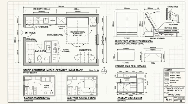 Technical design sheet for a studio apartment with murphy bed and folding furniture details