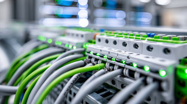 Close-up of short-circuited electrical terminal block and damaged wires on a server rack, data center risk and infrastructure failure concept, defocused, with copy space