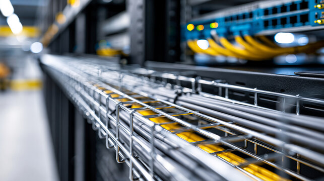 High angle view of a suspended wire mesh cable tray carrying thick cable bundles above black server cabinets in a clean industrial network room, defocused, with copy space