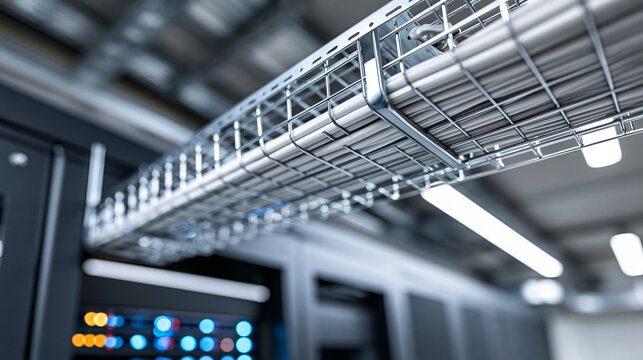 High angle view of a suspended wire mesh cable tray carrying thick cable bundles above black server cabinets in a clean industrial network room, defocused, with copy space