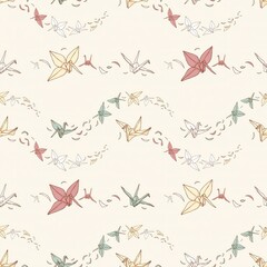 Obraz premium Seamless pattern featuring colorful origami paper cranes and small scattered petals arranged in a soft wavy layout on a light cream background