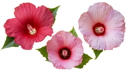 Isolated beautiful vibrant pink and deep red hibiscus flowers with green leaves botanical beauty © Ioana