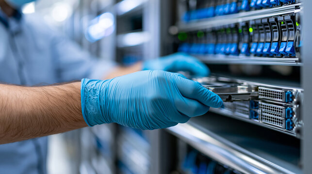 Anonymous server room technician installing or replacing server hardware components in a data center rack while wearing protective gloves, IT maintenance concept, faceless,