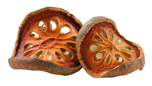 Isolated dried bael fruit slices, natural ingredient for herbal tea and medicine