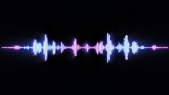 Colorful sound wave visualizations in three frames, showcasing dynamic audio frequencies with vibrant pink and blue light against a black background