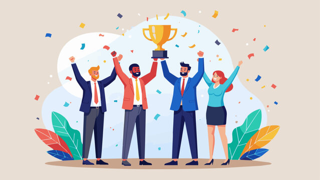 Business team celebrates their collective corporate victory by holding a golden trophy high in the air while colorful confetti falls around them in a professional office environment.