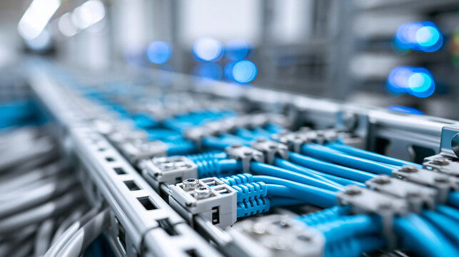 Cable tray system with organized blue and gray wires, structured network infrastructure for data centers and modern communication concept, defocused, with copy space
