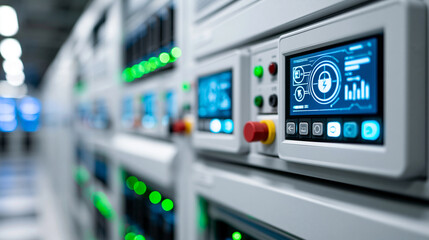 Fototapeta premium Industrial battery cabinet room with control panels for backup power and energy storage in a data center, critical infrastructure and power resilience concept, defocused, with