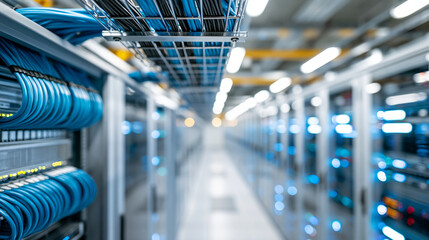 Plakat Bright data center with a centered overhead cable ladder above clean server rows, structured blue and black cabling and glass cabinet fronts, digital facility concept, defocused,