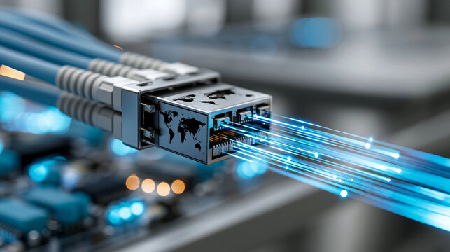 Fiber optic transceiver module with world map engraving and glowing light strands, global data center networking and connectivity concept, defocused, with copy space