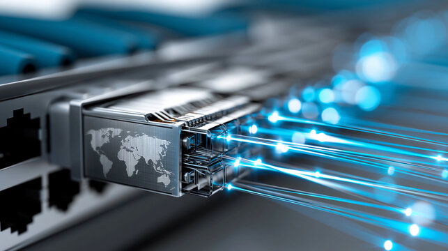Fiber optic transceiver module with world map engraving and glowing light strands, global data center networking and connectivity concept, defocused, with copy space