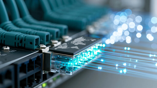 Fiber optic transceiver module with world map engraving and glowing light strands, global data center networking and connectivity concept, defocused, with copy space