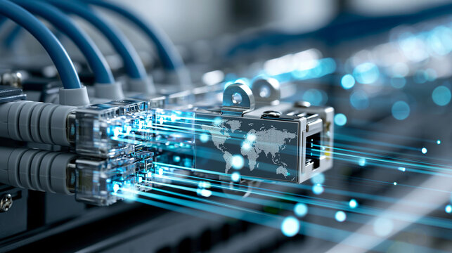 Fiber optic transceiver module with world map engraving and glowing light strands, global data center networking and connectivity concept, defocused, with copy space
