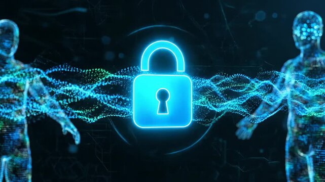 Cyber security lock with glowing digital network