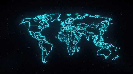 Naklejka premium Neon glowing digital world map outline on dark starry background