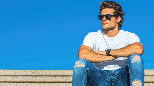 Handsome man in white t-shirt and ripped jeans sitting outdoors