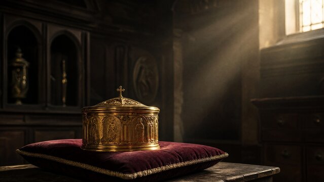 pyx. A solitary golden pyx on a cushion in a dim, ancient sacristy. event programs, museum guides, designed for cultural heritage projects and event programs, preserves heritage.