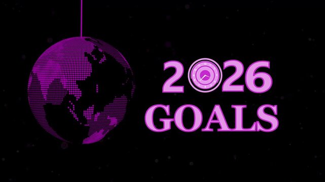 2026 goals golden globe ornament animation, Golden dotted globe ornament hanging beside bold 2026 goals text animated