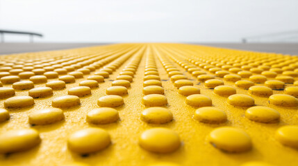 Fototapeta premium Extreme close up of yellow tactile paving with raised domes, representing accessibility standards, safe navigation, urban infrastructure and support for visually impaired pedestrians.