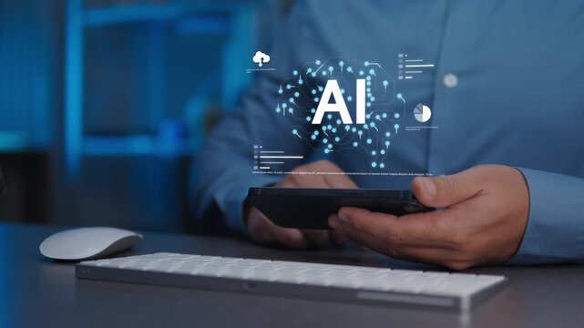 Businessman Using Artificial Intelligence (AI) for Work Efficiency and Data Analysis, AI Agents, Digital Brain Coding, Machine Learning on Virtual Screen and Smart Business System