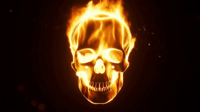Slow motion tracking shot of flaming skull rotating and pulsing with ember particles against black void background