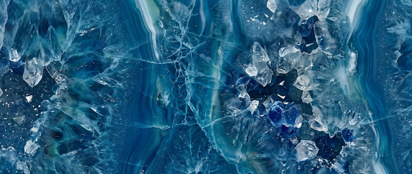 Crystal background displays a breathtaking blue agate quartz surface with fractured mineral gemstone details