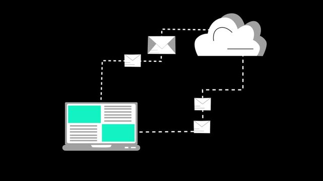 Animation of cloud computing with a laptop and email icons connected to a cloud