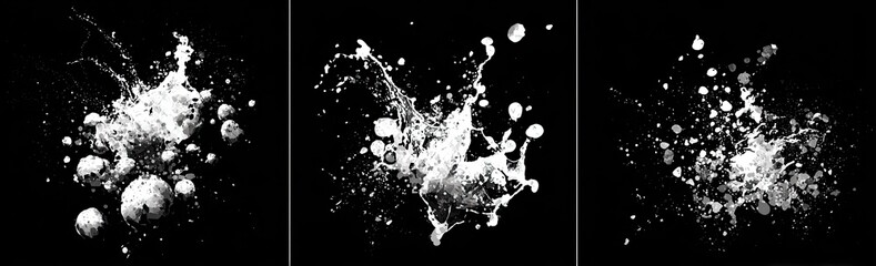 Naklejka premium Three white abstract splashes with drops on a stark black background, in sequence