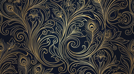 Seamless pattern with golden peacock feathers and floral swirls on a dark blue background © Saharia