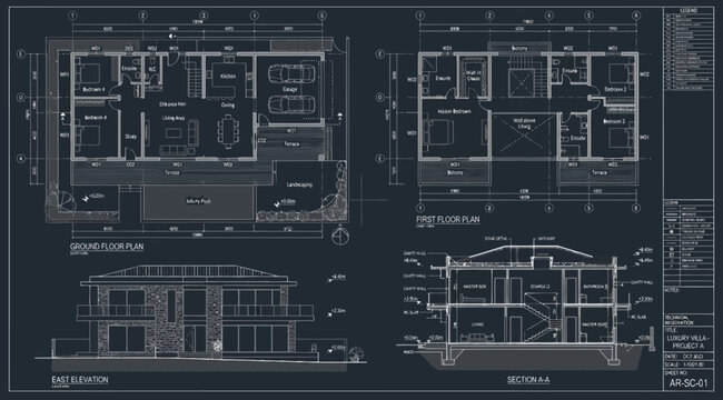 Architectural blueprints of a modern twostory villa, including floor plans, section, and elevation views on a dark background