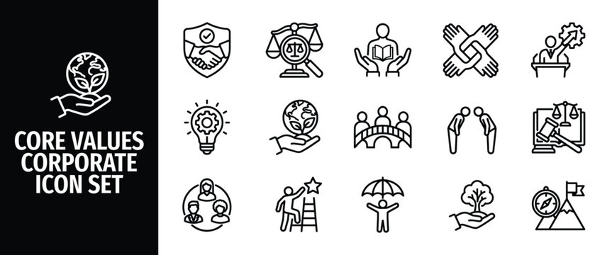 Corporate core values icon set, business ethics and professional principles, vector line icons for company culture, leadership, integrity, teamwork, and social responsibility