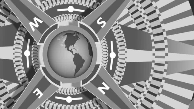 Compass globe with striped rings animation, Stylized compass with globe center and rotating striped rings, abstract modern design
