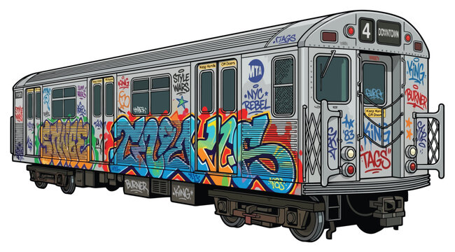 Graffiti covered new york city subway train car illustration