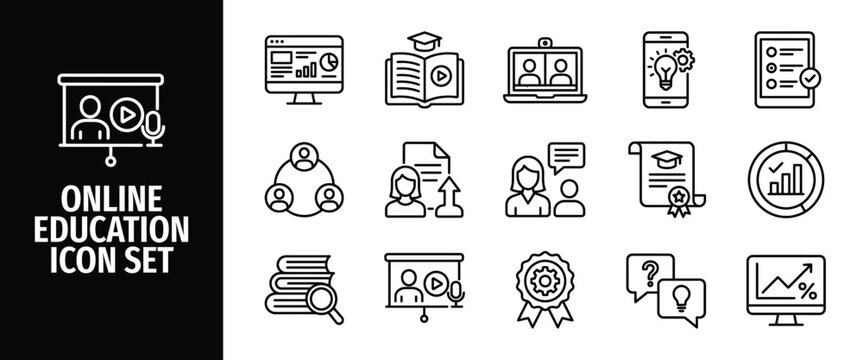 Online education icon set, elearning and digital classroom symbols, vector linear icons