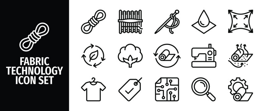 Fabric technology icon set, textile industry, garment production, clothing manufacturing, sewing and material science, vector line icons