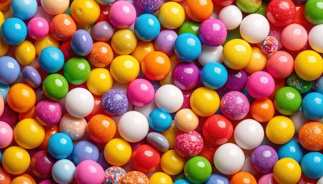 Close-up of assorted vibrant round candies creates a sweet, colorful, and textured background with many different hues