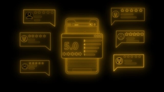 Neon mobile reviews glow animation on black background