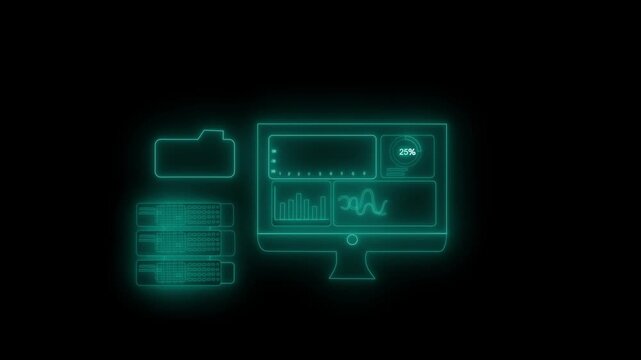 Neon tech dashboard with server and folder icons animation on black background