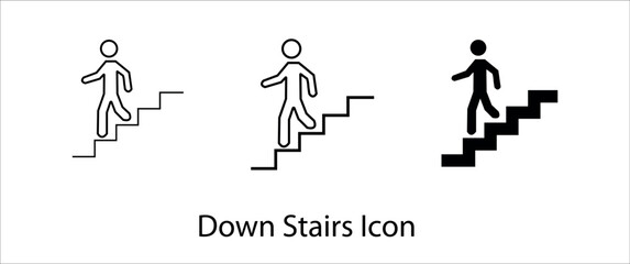 Stairs icon set. Bundle label sticker direction down stairs. Man on the stairs icon. Down the stairs people public signature white background. © MDOSMAN