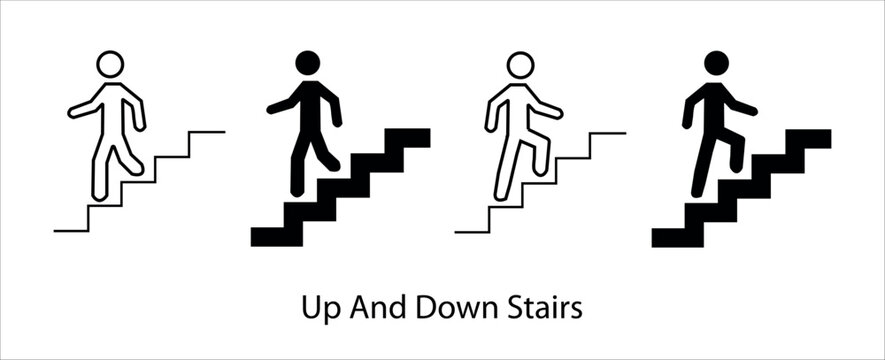 Stairs icon set. Bundle label sticker direction up and down stairs. Man on the stairs icon. Man climbing stairs icon. Exit direction evacuation ladder sign